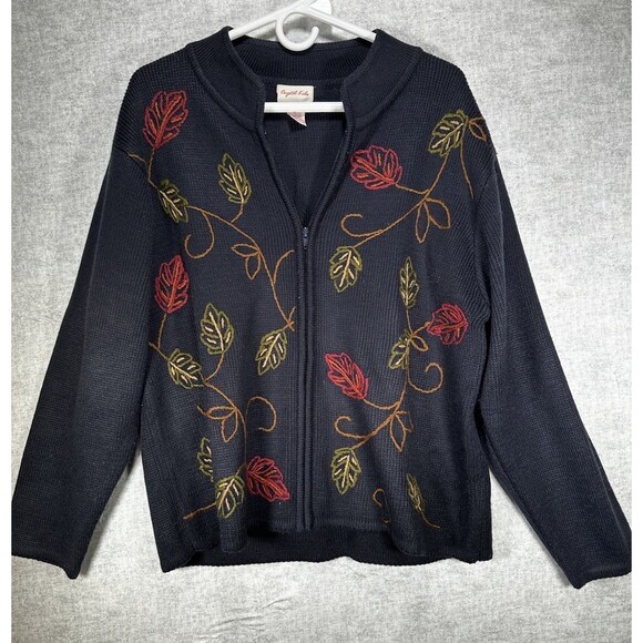 Crystal Kobe Sweaters - Crystal Kobe Vintage Cottagecore Embroidered Full Zip Cardigan Navy Granny  Sz L